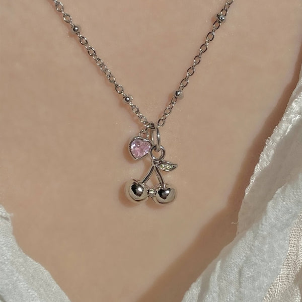 Sweet Cherry Crystal Heart Necklace